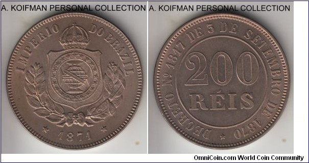KM-478, 1871 Brazil Empire 200 reis; copper-nickel, plain edge; first year of the type, very nice uncirculated, a common type but scarce in high and top grades.