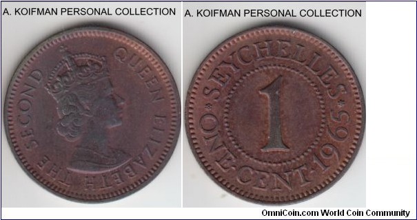 KM-14, 1965 Seychelles cent; bronze, plain edge; a bit dirty but uncirculated or almost, mintage 20,000.