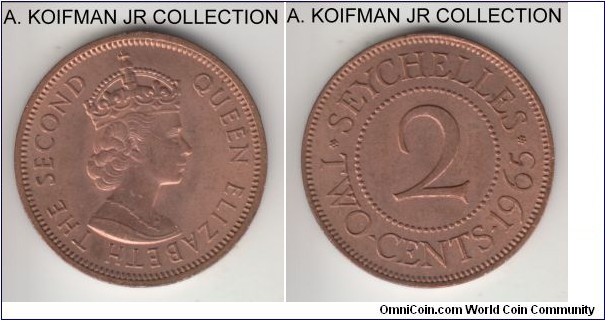 KM-15, 1965 Seychelles 2 cents; bronze, plain edge; Elizabeth II, smallest annual mintage of mintage 20,000, red brown uncirculated.