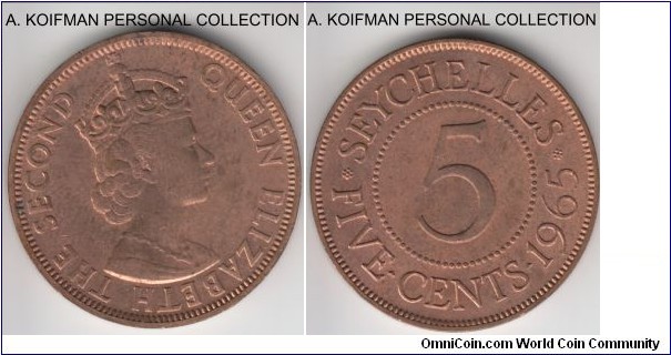 KM-16, 1965 Seychelles 5 cents; bronze, plain edge; right red with the toning starting to settle mostly on reverse, uncirculated, mintage 40,000.