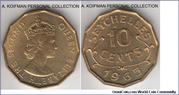 KM-10, 1965 Seychelles 10 cents; nickel-brass, plain edge, 12-sided; bright average uncirculated, small edge impact on reverse, mintage 40,000.