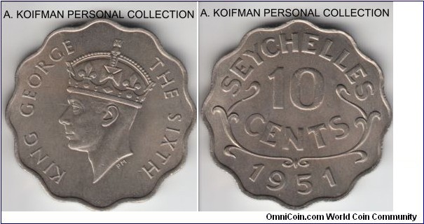 KM-8, 1951 Seychelles 10 cents; copper-nickel, plain edge, scalloped; bright white uncirculated, mintage 36,000.