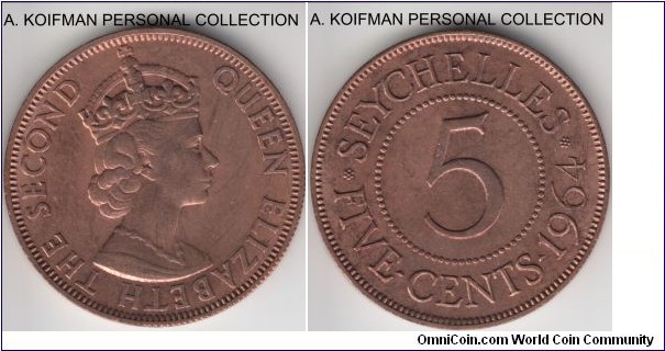 KM-16, 1964 Seychelles 5 cents; bronze, plain edge; still mostly red, some streaks of toning on obverse, good eye appeal uncirculated coin, mintage 20,000.