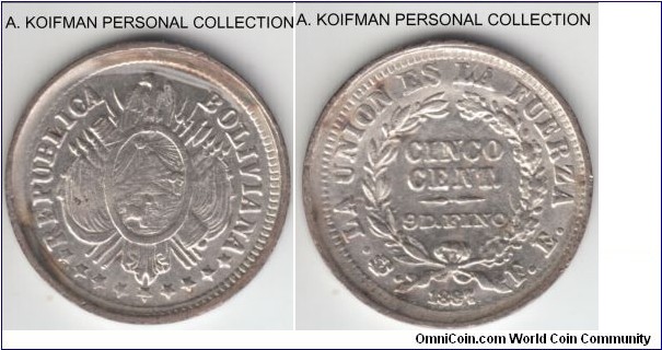 KM-157.2, 1887 Bolivia 5 centavos, Potosi mint (PTS in monigram); silver, reeded edge; weak strike and mis-ligned dies causing toothed border idsappear around the part of the rim, I tend to agree with the seller that the coin is uncirculated, although obverse is very weak.