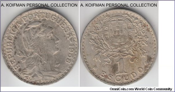 KM-758, 1959 Portugal escudo; copper-nickel, reeded edge; good very fine to extra fine, pitted surfaces.