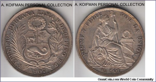 KM-203, 1907 Peru 1/2 sol, Lima mint (LIMA mint mark), F.G. essayer initials; silver, reeded edge; toned about uncirculated.