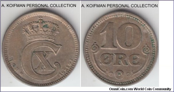 KM-818.2a, 1921 Denmark 10 ore; copper-nickel, plain edge; good very fine or better.