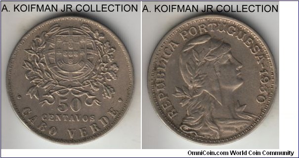 KM-4, 1930 Cabo (Cape) Verde 50 centavos; nickel-bronze, reeded edge; scarcer one year issue, good very fine or better.