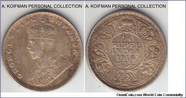 KM-518, 1916 British India 1/4 rupee, Calcutta mint; silver, reeded edge; extra fine, well toned.