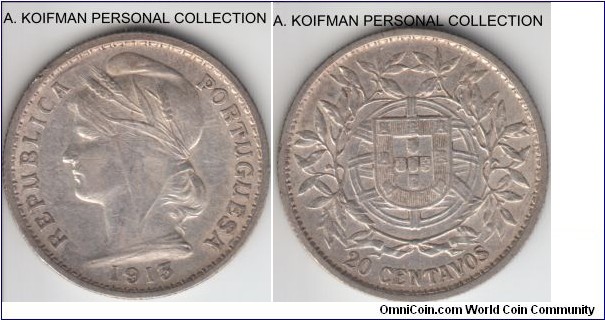 KM-562, 1913 Portugal 20 centavos; silver, reeded edge; first, scarcer year of the short 2 year series, good very fine to extra fine.