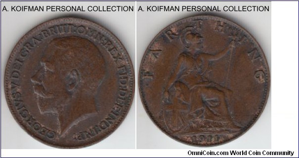 KM-808.1, 1911 Great Britain farthing; bronze, plain edge; extra fine or so, a bit dirty, first year of mintage for George V.