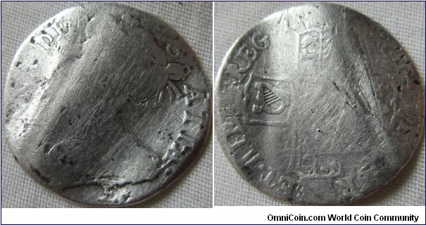 1708 sixpence, low grade turned into a love token E* mintmark