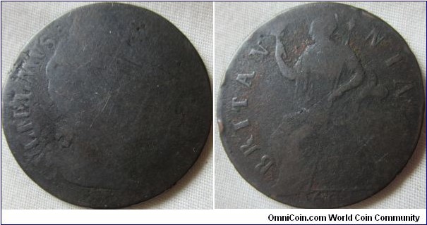 1697 halfpenny, very poorly struck obverse
