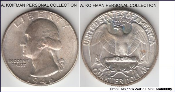 KM-164, 1946 United States of America 25 cents, Philadelphia mint (no mint mark); silver, reeded edge; high grade uncirculated coin, minor toning on both sides, nice luster.