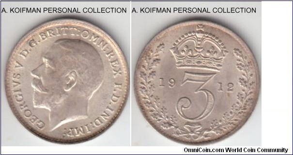 KM-813, 1912 great Britain 3 pence; silver, plain edge; nice bright mostly white uncirculated with minimum toning and a strong King's hair strike unlike most.