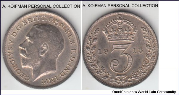 KM-813, 1913 Great Britain 3 pence; silver, plain edge; about uncirculated, similar to previous but more toned.