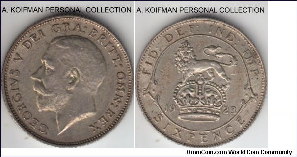 KM-815a.1, 1923 Great Britain 6 pence; silver, reeded edge; good extra fine or better, toned and a bit dirty, scarce in high grades.