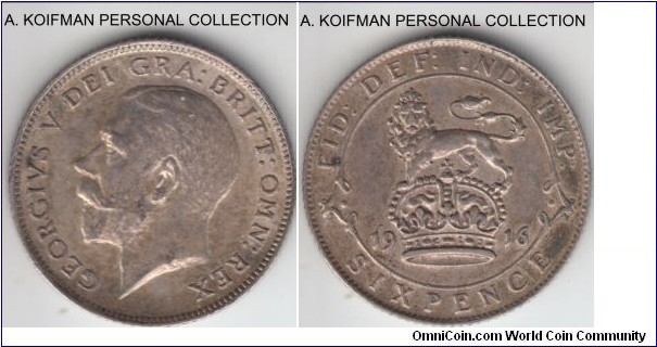 KM-815, 1916 Great Britain 6 pence; silver, reeded edge; good toned extra fine.