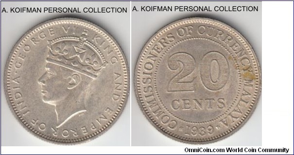 KM-5, 1939 Malaya 20 cents; silver, reeded edge; about uncirculated to borderline uncirculated, stain on reverse.