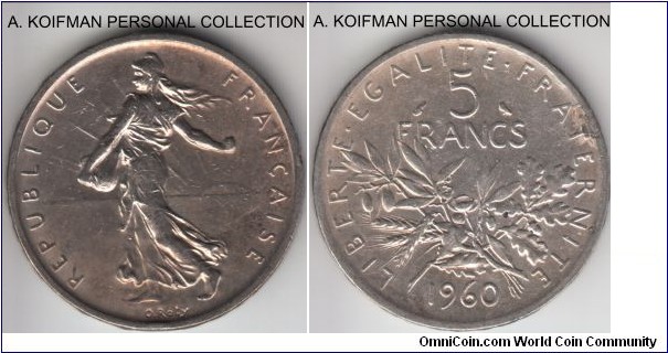 KM-926, 1960 France 5 francs; silver, lettered edge; about uncirculated, some toning in places.
