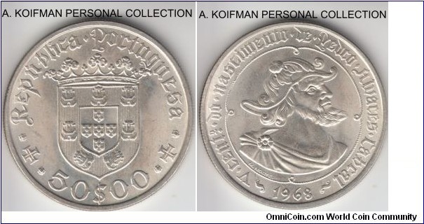 KM-593, 1968 Portugal 50 escudos; silver, reeded edge; nicer, above average uncirculated, commemorating 500'th anniversary of the birth of Pedro Alvares Cabral, discoverer of Brazil.
