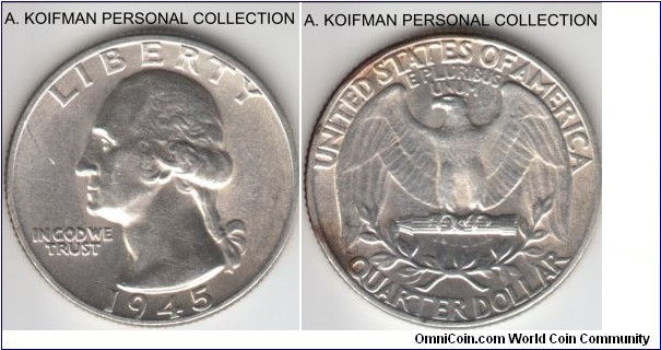 KM-164, 1945 United States of America 25 cents, Philadelphia mint (no mint mark); silver, reeded edge; average uncirculated, some dark peripheral toning on reverse.