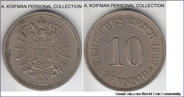 KM-4, 1889 Germany 10 pfennig, Berlin mint (A mint mark); copper-nickel, plain edge; high grade, extra fine, a bit dirty, common date.