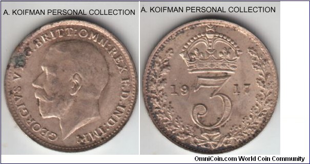KM-813, 1917 Great Britain 3 pence; silver, plain edge; uncirculated but spot on obverse.