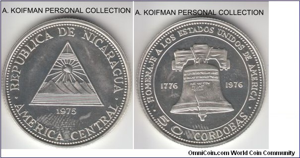 KM-33, 1975 Nicaragua 50 cordobas; proof, silver, reeded edge; US Bicentennial commemorative, good luster but fingerprinted :-).