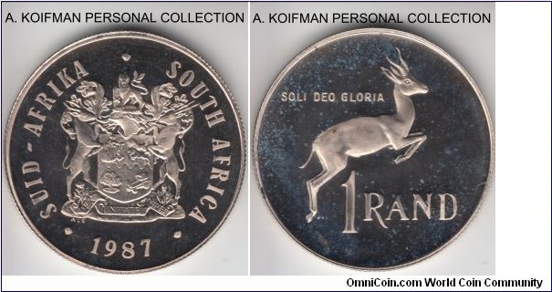 KM-88, 1987 South Africa rand; proof, silver, reeded edge; nice deep cameo coin, some clouding which is not that prominent on the coin itself, mintage 13,000.