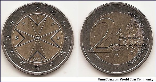 2 Euro 
KM#132
8.5000 g., Bi-Metallic Nickel-Brass center in Copper-Nickel ring, 25.75 mm. Obv: coins show the emblem used by the Sovereign Order of Malta. During the Order's rule over Malta, between 1530 and 1798, the eight-pointed cross became associated with the island and is now often referred to as the Maltese Cross. Rev: Value and Relief Map of Western Europe Edge: Reeded with 2s and Maltese Crosses. Rev. designer: Luc Luycx
