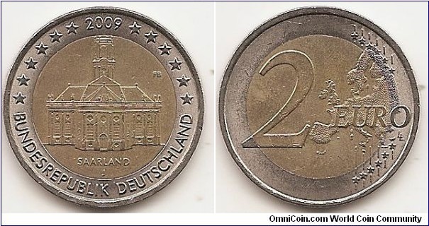 2 Euro
KM#276
8.5000 g., Bi-Metallic Nickel-Brass center in Copper-Nickel ring, 25.75 mm. Series: German States Subject: Ludwigskirche in Saarbrücken (Saarland) Obv: The centre part of the coin depicts the Ludwigskirche in the state capital of Saarbrucken. The name of the state SAARLAND and the mint mark appear under the monument; the engraver's initials FB (Friedrich Brenner) are displayed on the right of the monument.  The twelve stars of the European Union form a semicircle on the upper part of the outer ring, interrupted by the year of mintage '2009'at the top of the coin. The words 