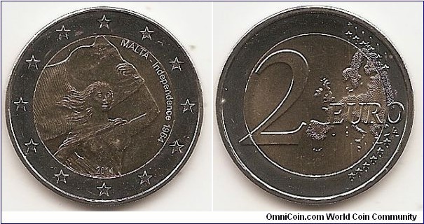 2 Euro
KM#150
8.5000 g., Bi-Metallic Nickel-Brass center in Copper-Nickel ring, 25.75 mm. Subject : Malta Independence 1964 Obv: The inner part of the coin shows a detail of the bronze monument commemorating Independence which was designed by the artist Gianni Bonnici in 1989. It shows a young woman, representing Malta, carrying the Maltese flag. At the right, in semi-circle, the inscription ‘MALTA — Independence 1964’ and at the bottom the year of issuance ‘2014’. The coin’s outer ring bears the 12 stars of the European Union. Rev: Large value at left, modified outline of Europe at right. Edge: Reeded with 2s and Maltese Crosses. Obv. designer: Ganni Bonnici Rev. designer: Luc Luycx