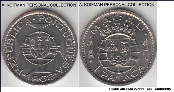 KM-6, 1968 Portuguese Macao pataca; nickel, plain edge; brilliant uncirculated.