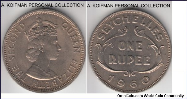 KM-13, 1960 Seychelles rupee; copper-nickel, reeded edge; average uncirculated, mintage 60,000.