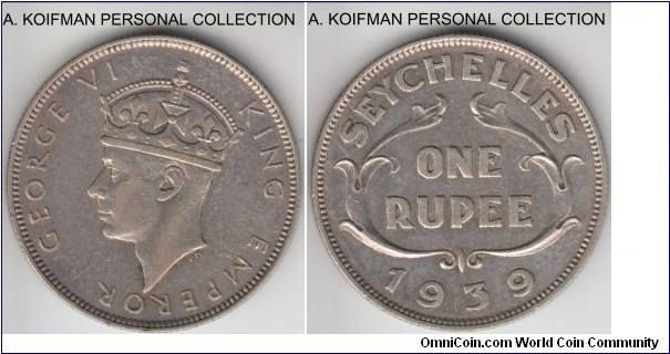 KM-4, 1939 Seychelles rupee; silver, reeded edge; good very fine, some luster is still present, mintage 90,000.
