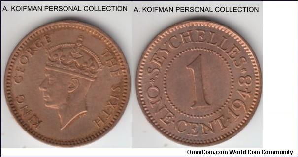 KM-5, 1948 Seychelles cent; bronze, plain edge; about uncirculated, obverse may have been wiped or not, small rim nick on obverse.