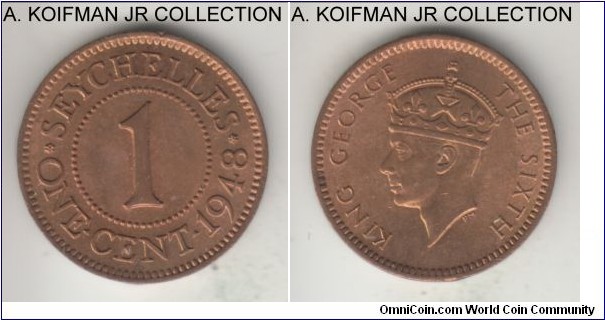 KM-5, 1948 Seychelles cent; bronze, plain edge; about uncirculated, obverse may have been wiped or not, small rim nick on obverse.