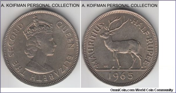 KM-37.1, 1965 Mauritius 1/2 rupee; copper-nickel, security edge; average uncirculated, toned.