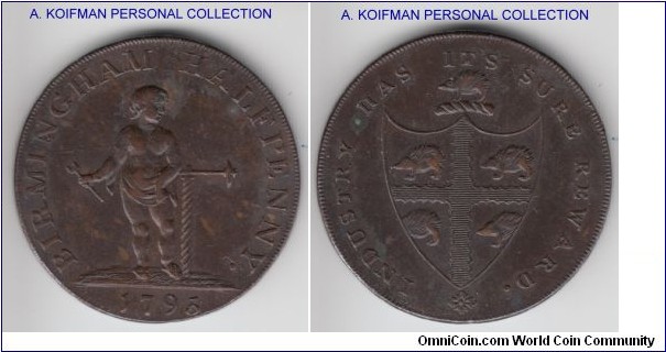 D&H-50, 1793 Great Britain half penny; copper, lettered edge CURRENT EVERY WHERE; Warwickshare Birmingham token, good extra fine to about uncirculated, pleasant brown.