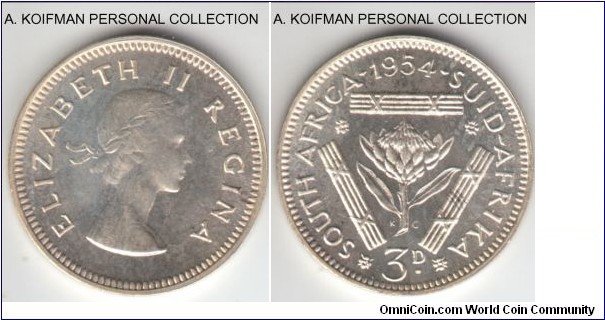 KM-47, 1954 South Africa (Dominion) 3 pence; proof, silver, plain edge; lightly toned bright proof (not shown by the scanner), mintage 3,150.