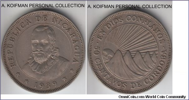 KM-19.1, 1939 Nicaragua 50 centavos; copper-nickel, lettered edge BNN; extra fine or about, nice original toning.