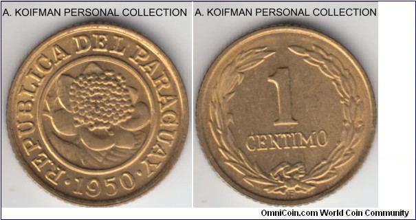 KM-20, 1950 Paraguay centimo; aluminum-bronze, reeded edge; bright uncirculated.