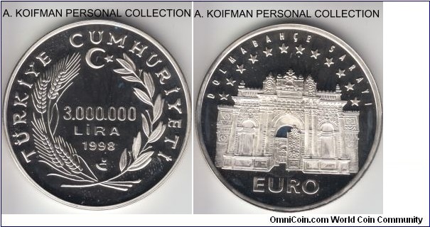 KM-1080, 1998 Turkey 3000000 lira; proof, silver, reeded edge; scarce large crown, minted in proof only, mintage 1,710 pieces, showing Dolmabahce Sarayi Palace