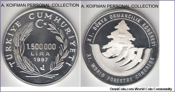 KM-1062, 1997 Turkey 1,500,000 lira; proof, silver, reeded edge; XI World Forestry Conference commemorative, mintage 2,255.
