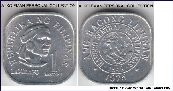 KM-205, 1975 Philippines sentimo; aluminum, plain edge, square; bright white uncirculated.