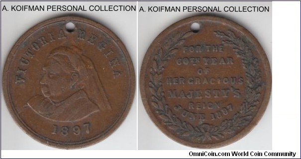 1897 Great Britain Victoria reign 60'th anniversary jubilee medalet; copper or bronze; holed, obv: old victoria portrait, rev: FOR THE 60TH YEAR OF HER GRACIOUS MAJESTY'S REIGN JUNE 1897.

