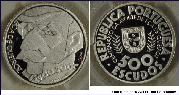 KM-725, 2000 Portugal 500 escudos, INCM mint (INCM mint mark in script); silver, reeded edge; PCGS graded PR68DCAM, commemorative of the centennial of the death of Eca de Queiroz, mintage of 10,000.