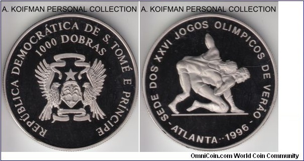 KM-54, (1993) San Thomas and Prince 1000 dobras; proof, copper-nickel, reeded edge; 1996 Olympic games commemorative, wrestling, brilliant deep cameo proof.