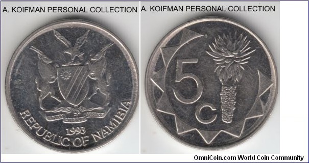 KM-1, Namibia 5 cents; nickel plated steel, plain edge; average circulated, first year of the issue of the new country.